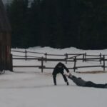 company hombre arrastrando a otro por la nieve